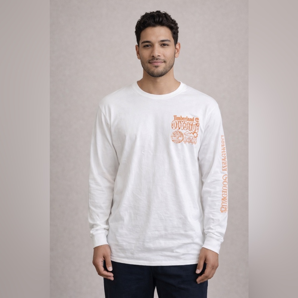 Timberland White and Orange Graphic Long Sleeve Tee